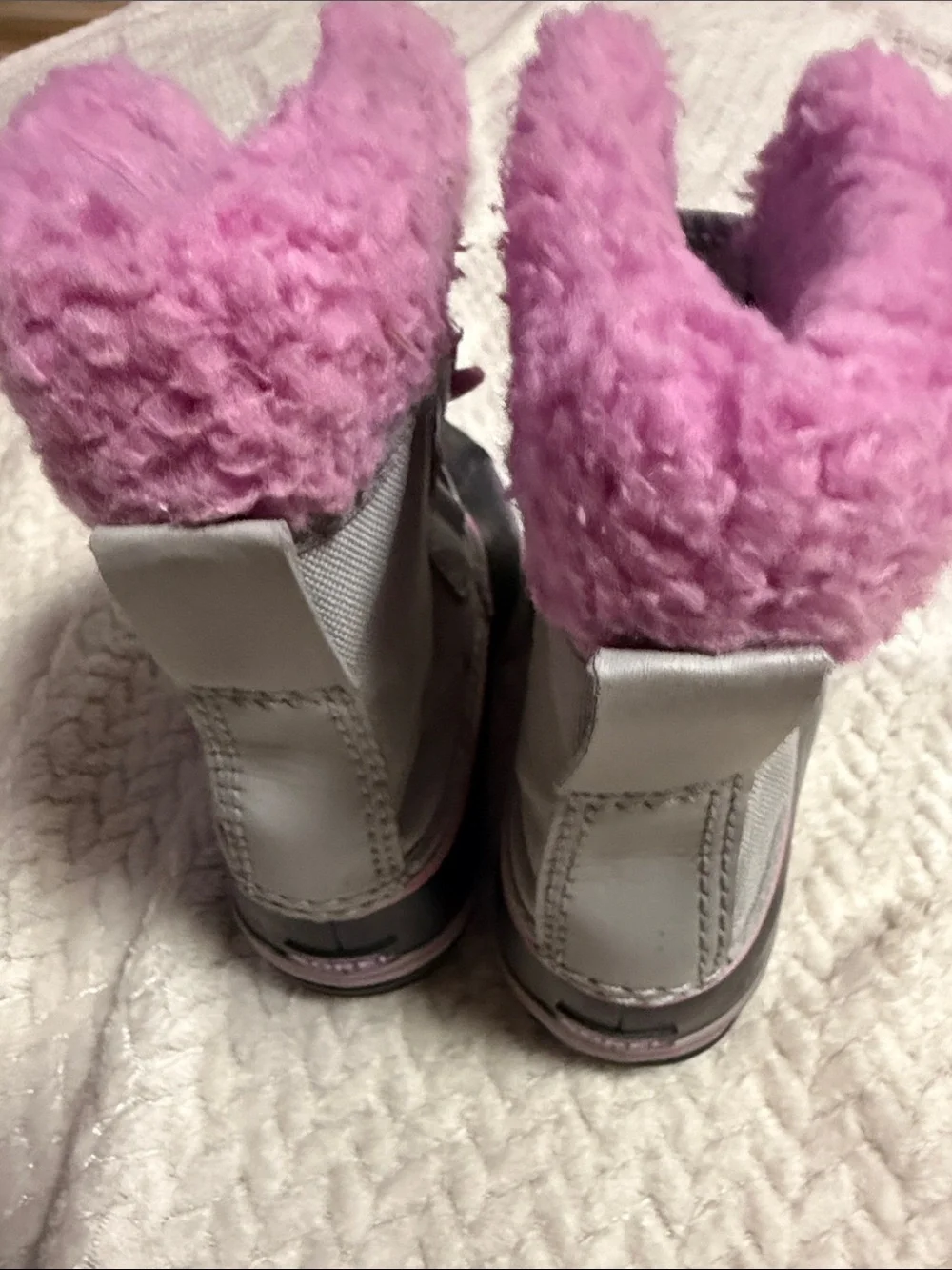 Sorel Kids Gray and Pink Fuzzy Cuff Snow Boot